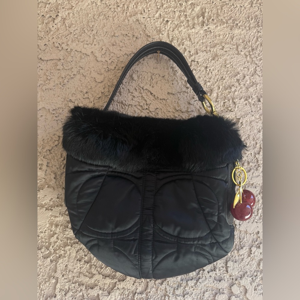 Gucci Black Quilted Bag with Fur Trim and Red Charms